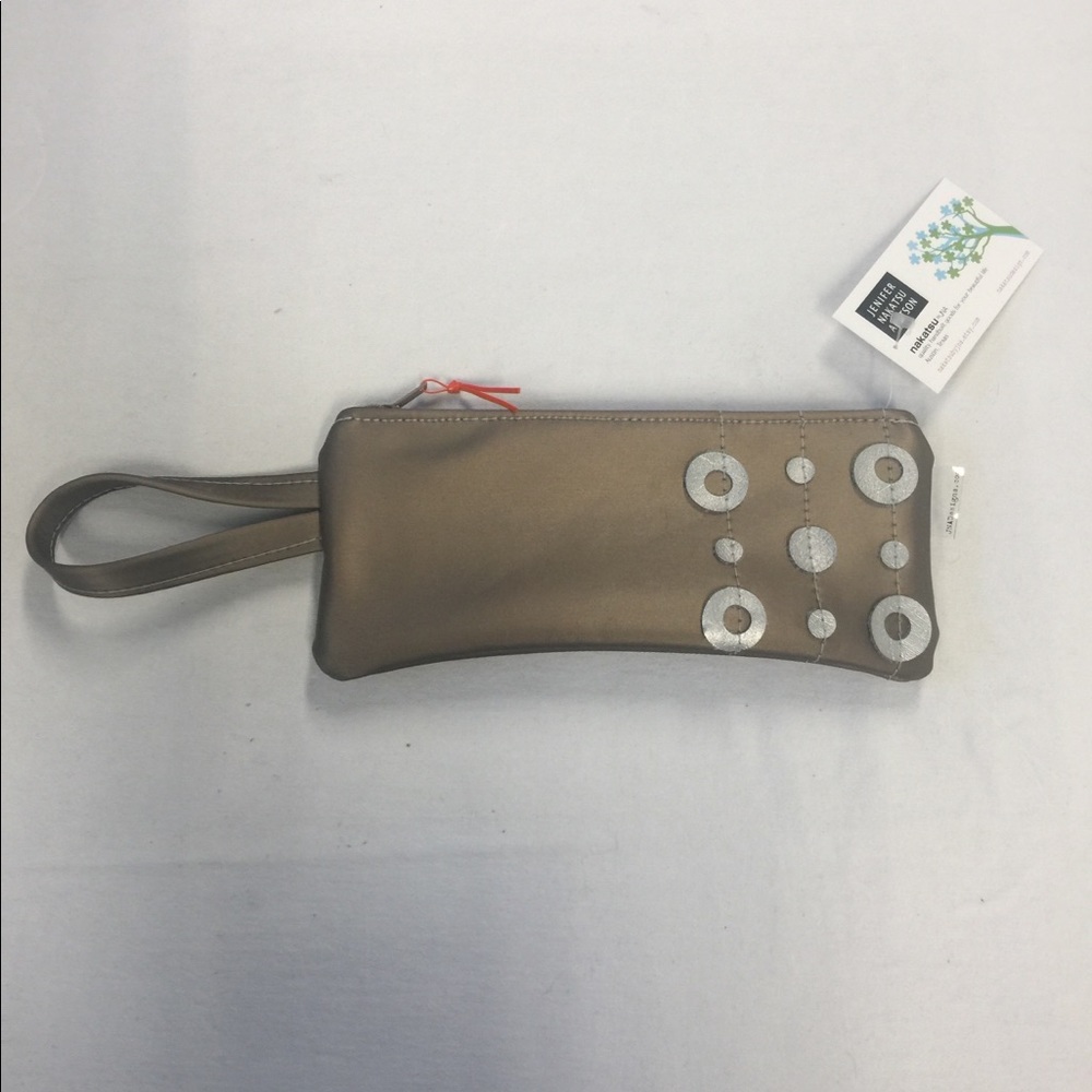Bronze & silver vinyl zippered wrist strap clutch
